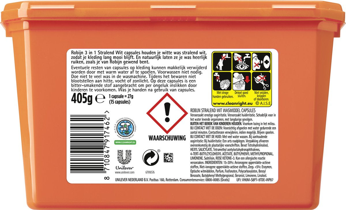 Robijn Wascapsules - 3-in-1 - Stralend Wit - 15 Stuks